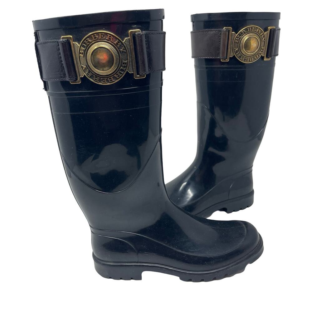 Burberry Wellington black tall rubber rain boots sz 35